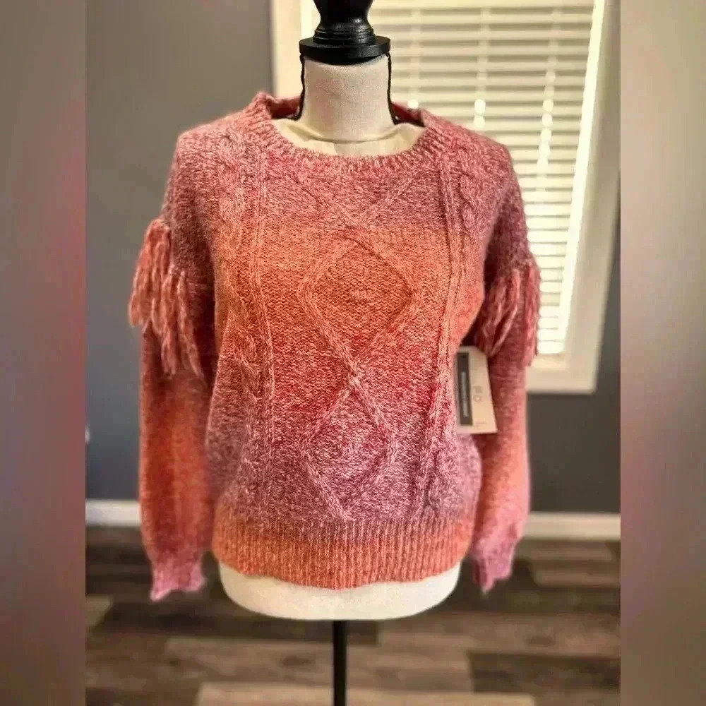 Frye and Co Sweater Womens XS Orange Pink Ombre Fringe LS Western Boho NWT